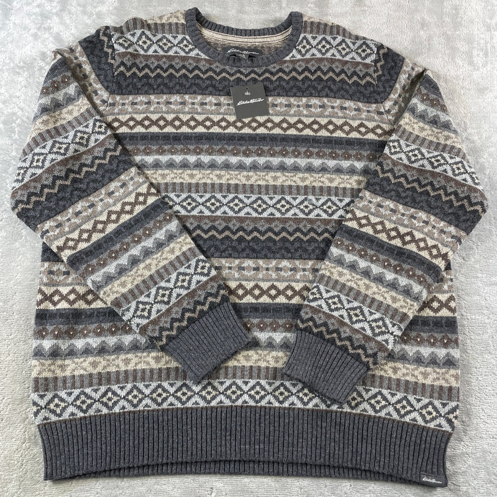 Eddie Bauer Sweater Mens XL Gray Fair Isle Crew Neck Wool Blend Preppy Casual‎